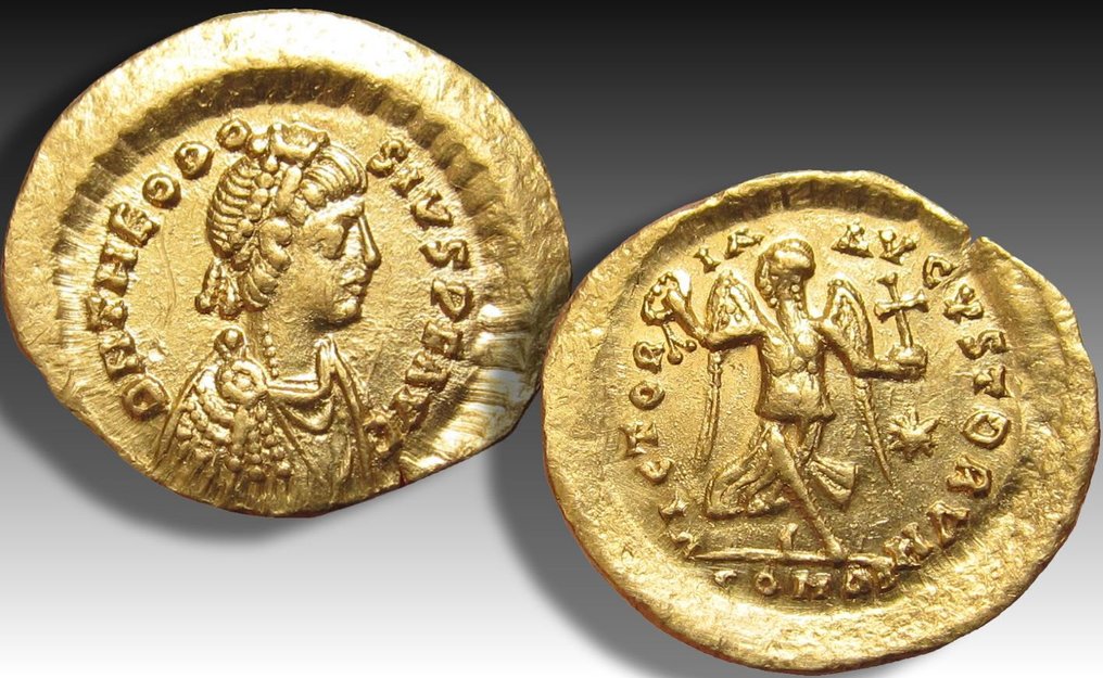 Римская империя. Феодосий II (402–450 гг. н. э.). Константинопольский монетный двор Тремиссис около 408-420 гг. н.э. – ВИКТОРИЯ АВГВСТОРВМ – №2.1