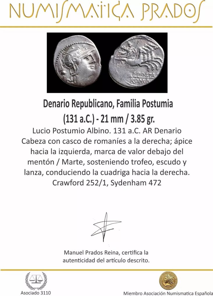 Римская республика. Фамилия Постумия (131 г. до н. э.). Денарий (без резервной цены) #2.1
