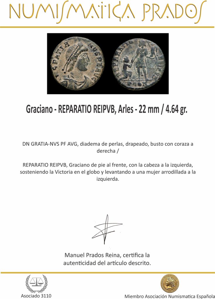 Римская империя. Грациан (367–383 гг. н.э.). REPARATIO REIPVB, Арль (без резервной цены) № 2.1